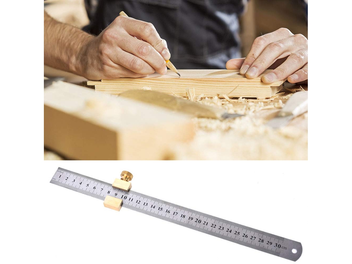 Régua de água Oumefar de 30 cm com bloco deslizante de latão, ferramenta de medição durável para projetos de marcenaria e marcação.
