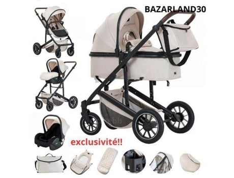 Bazarland30. Carrinho 3 Em 1 Com Cadeira De Carro Portátil, Amortecedores De Impactos, Estrutura Em Liga De Alumínio. Branco