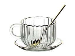 Xícara de café Rebe-Glass com pires e colher em formato de abóbora, 420ml com borda dourada.