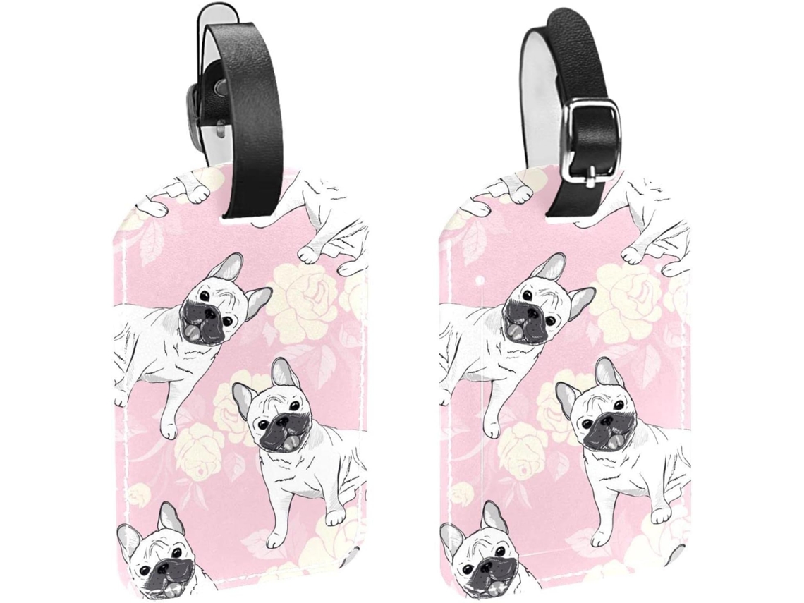 Conjunto De 2 Etiquetas Bagagem Em Imitação Couro Com Estampa Um Pug Branco Sobre Fundo Rosa