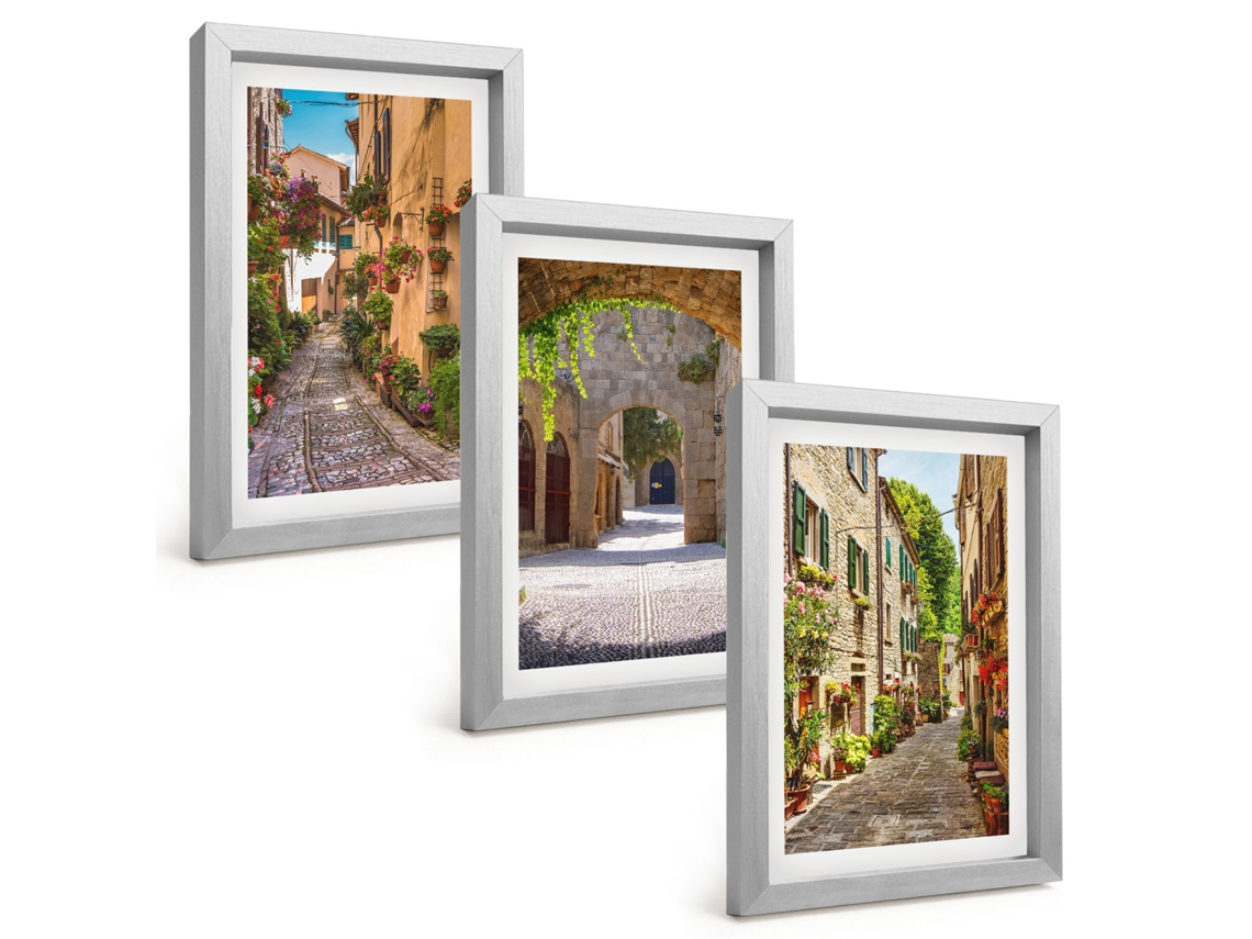 Galeria De Pinturas Muraisruas Italianas, Flores E Arquitetura Moldura Prateada Pinturas De Quarto Espelharte (3 Peças 20x30 Cm)