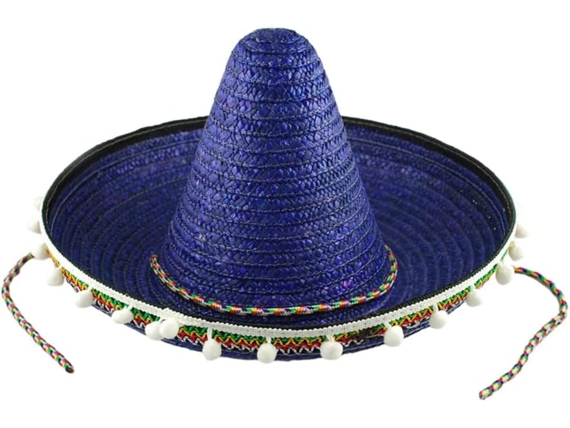Palha Chapéu Artesanal Mexicana, Estilo Havaiano Com Pompons Brancos, Azul, Tamanho Único.