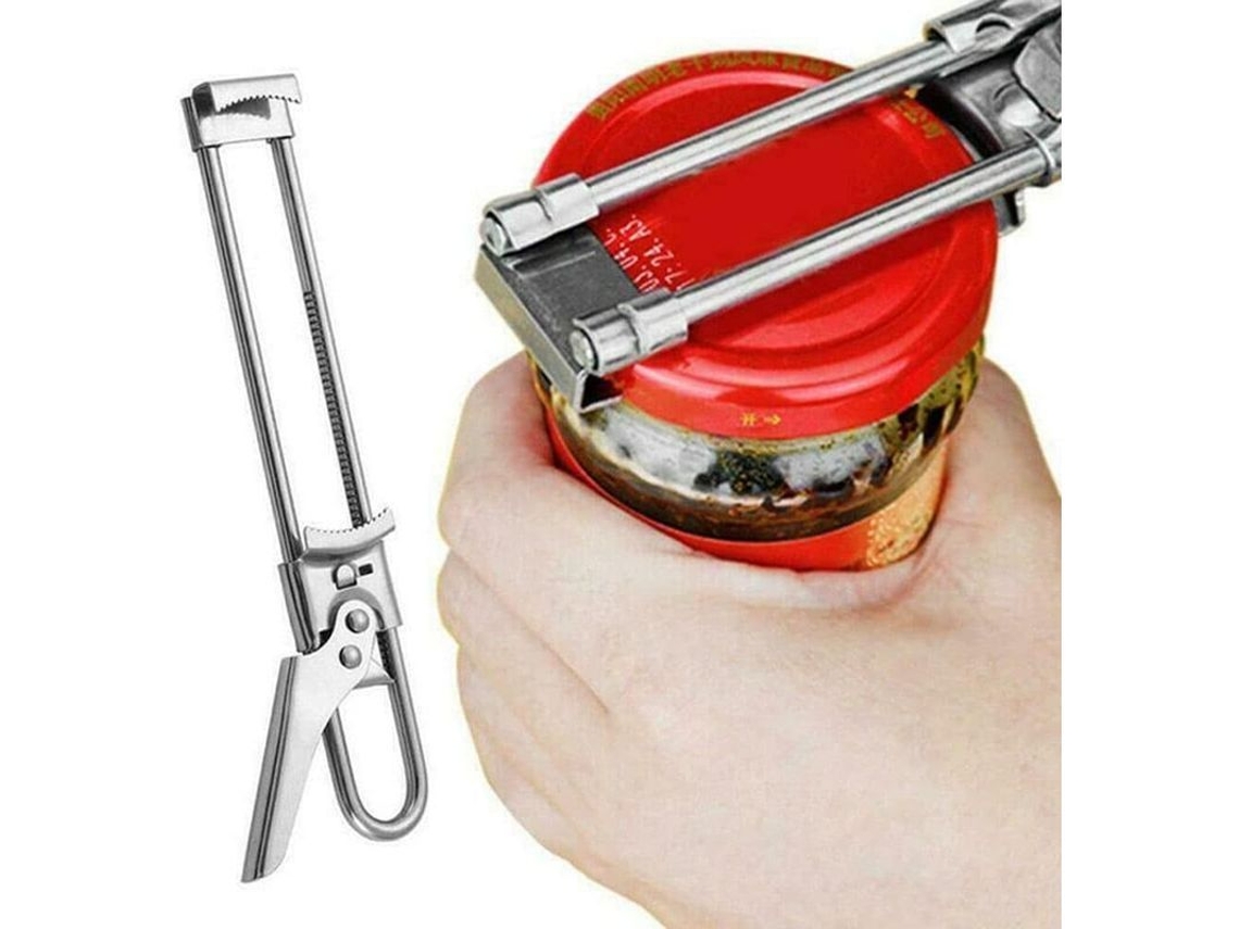 Abridor de latas multifuncional ajustável em aço inoxidável para latas de vidro e metal com corte duplo preciso.