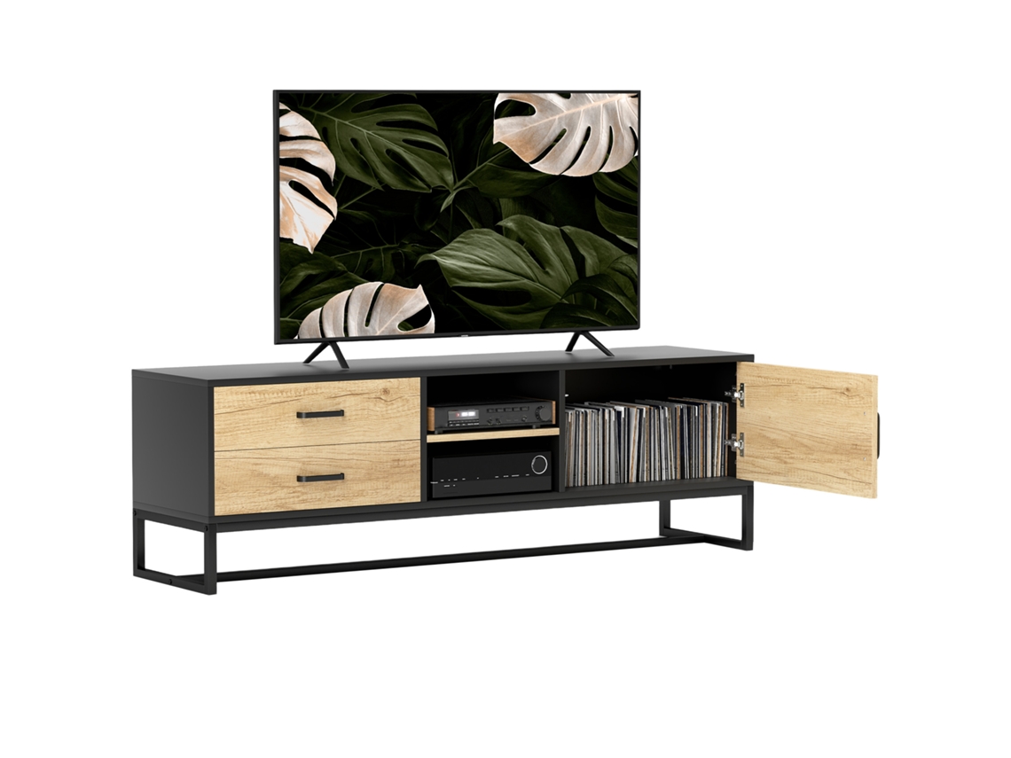 Móvel Tv Pour Téléviseurs Jusqu'à 60 Pouces, Móvel Tv Avec Placard Compartiments Ouverts, 2 Tiroirs, Madeira Naturel