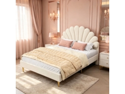 Cama Infantil Casal Com Cabeceira Em Forma De Flor, Cama 2 Lugares 140x200 Cm Com Estrado De Ripas, Veludo, Bege, Sem Colchão