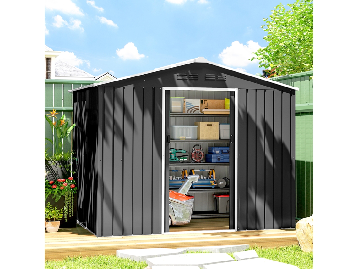 Galpão Externo Cinza Escuro 3,6 M², 236x171x191 Cm, Com Portas Deslizantes E Aberturas De Ventilação Para Jardim