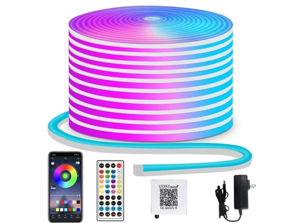 Fita Led Neon Flexível, Ip65, Rgb, Comando Remoto, App, Resistente À Água, Para Decoração De Móveis, Televisão, Prateleiras E Ambientes Internos