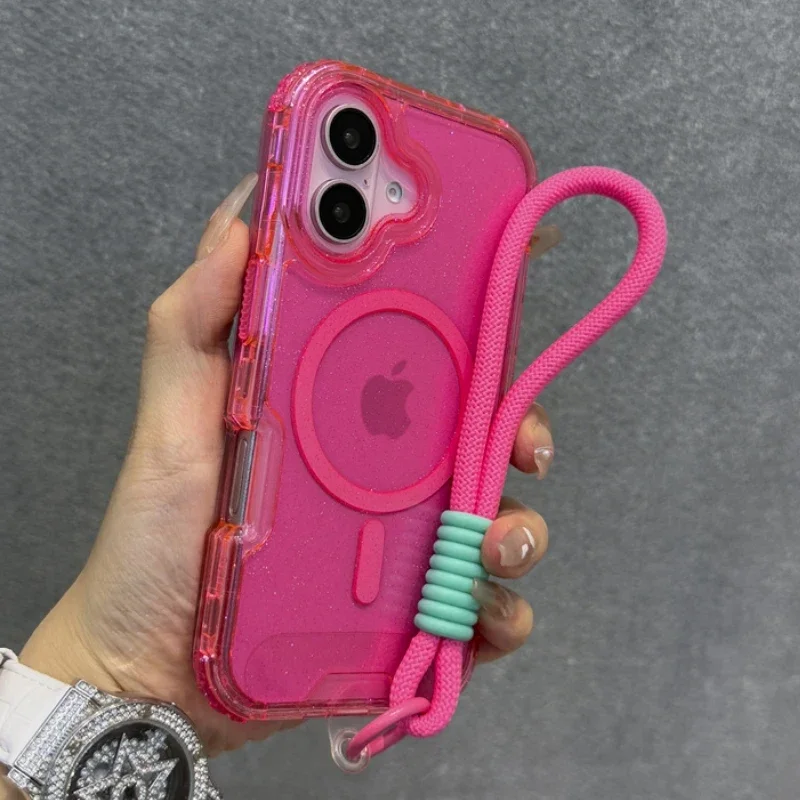Capa Transparente Magnética Para Iphone 12 Pro Max (vermelho) Com Alça De Pulso E Cordão, Resistente A Impactos.