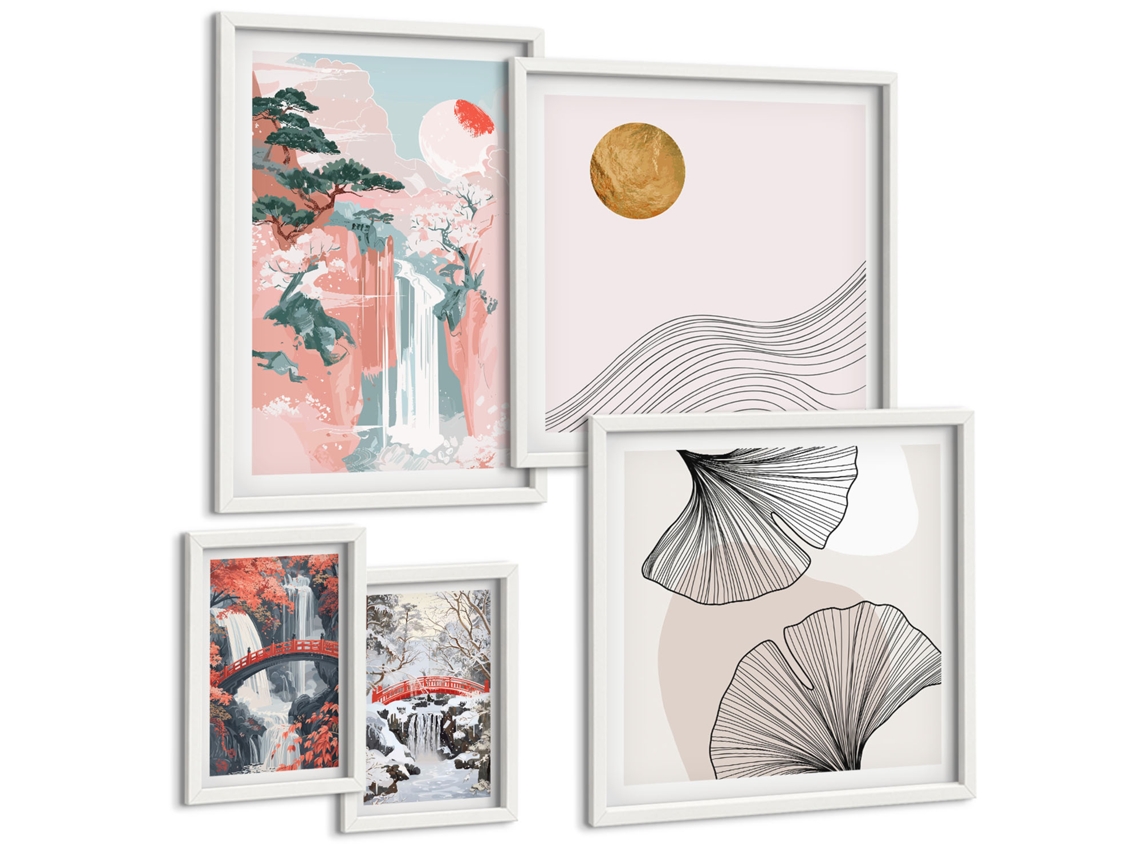 Pinturas Murais Modernas Vistas Da Grécia Com Barcos E Casas Moldura Branca Quadros Para A Sala De Estar Espelharte (conjunto De 5 Imagens)
