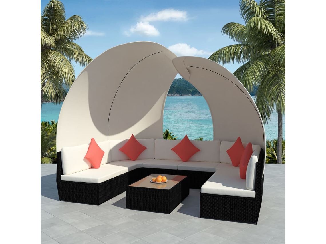 Vidaxl 9 Pcs Conjunto Lounge Jardim C/ Toldos Vime Pe Preto