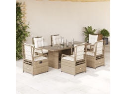 Vidaxl 7 Pcs Conjunto De Jantar P/ Jardim Com Almofadões Vime Pe Bege