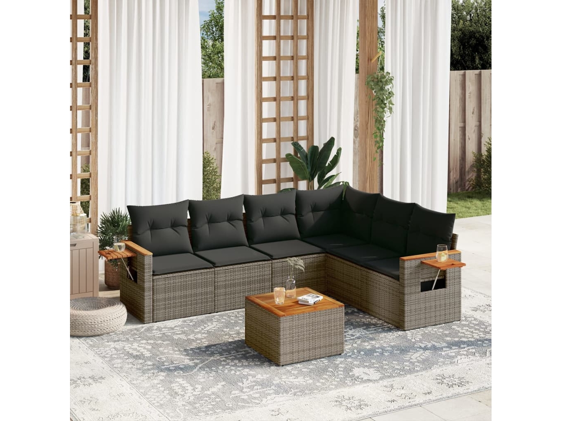 Vidaxl 7 Pcs Conjunto Sofás P/ Jardim C/ Almofadões Vime Pe Cinzento