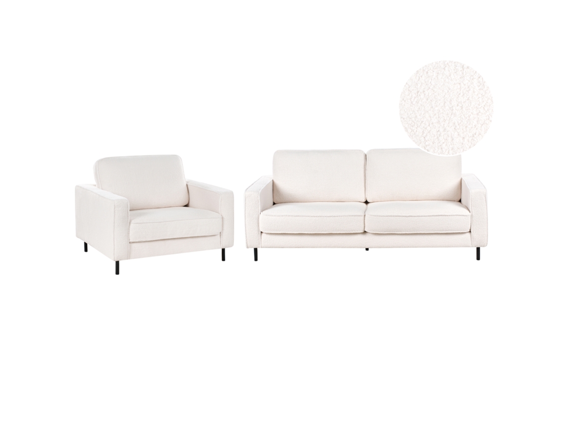 Conjunto De Sala De Estar Beliani Savalen De Bouclé Blanco 204x91x87