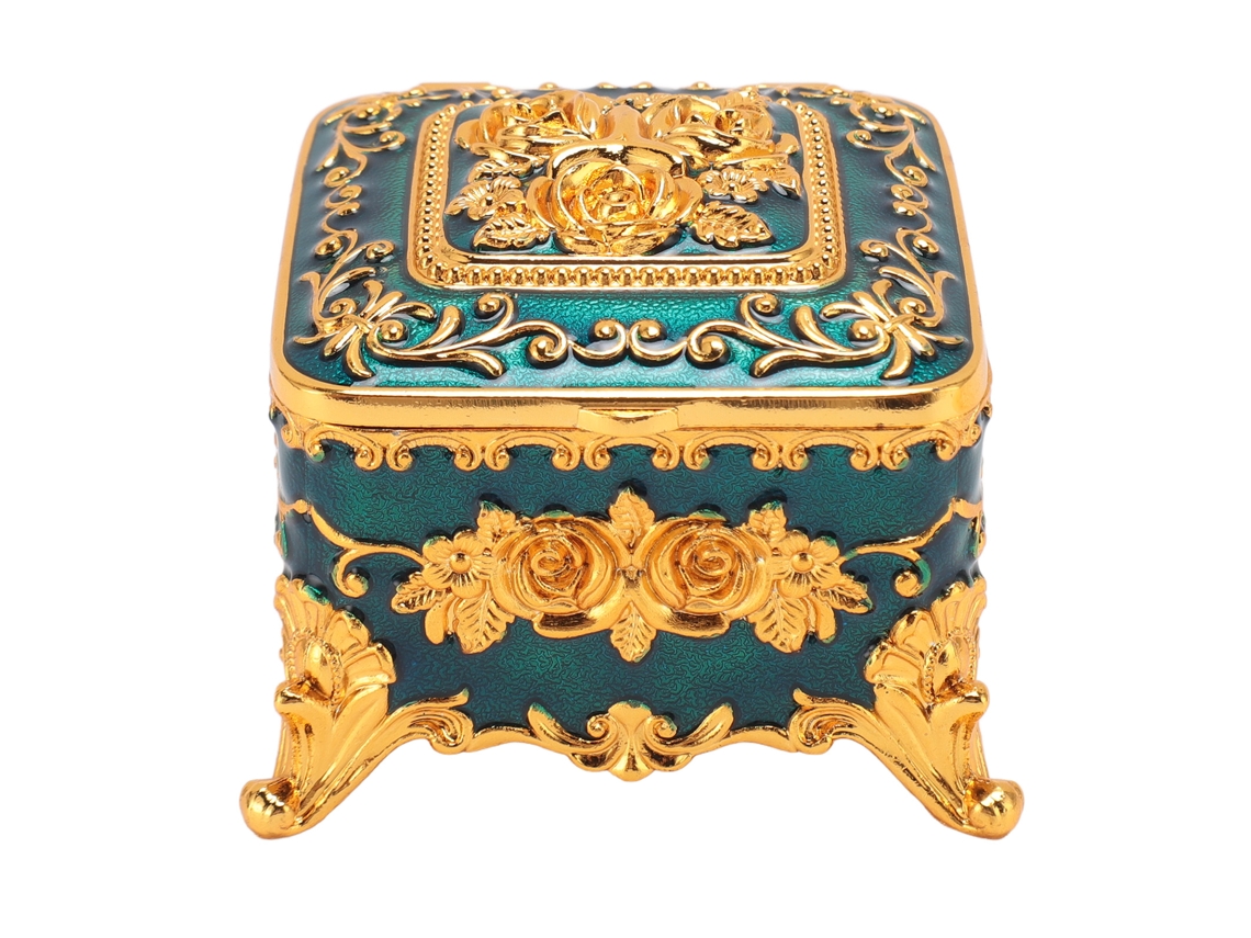 Caixa de Joias Vintage Europeia de Metal Azul Quadrada