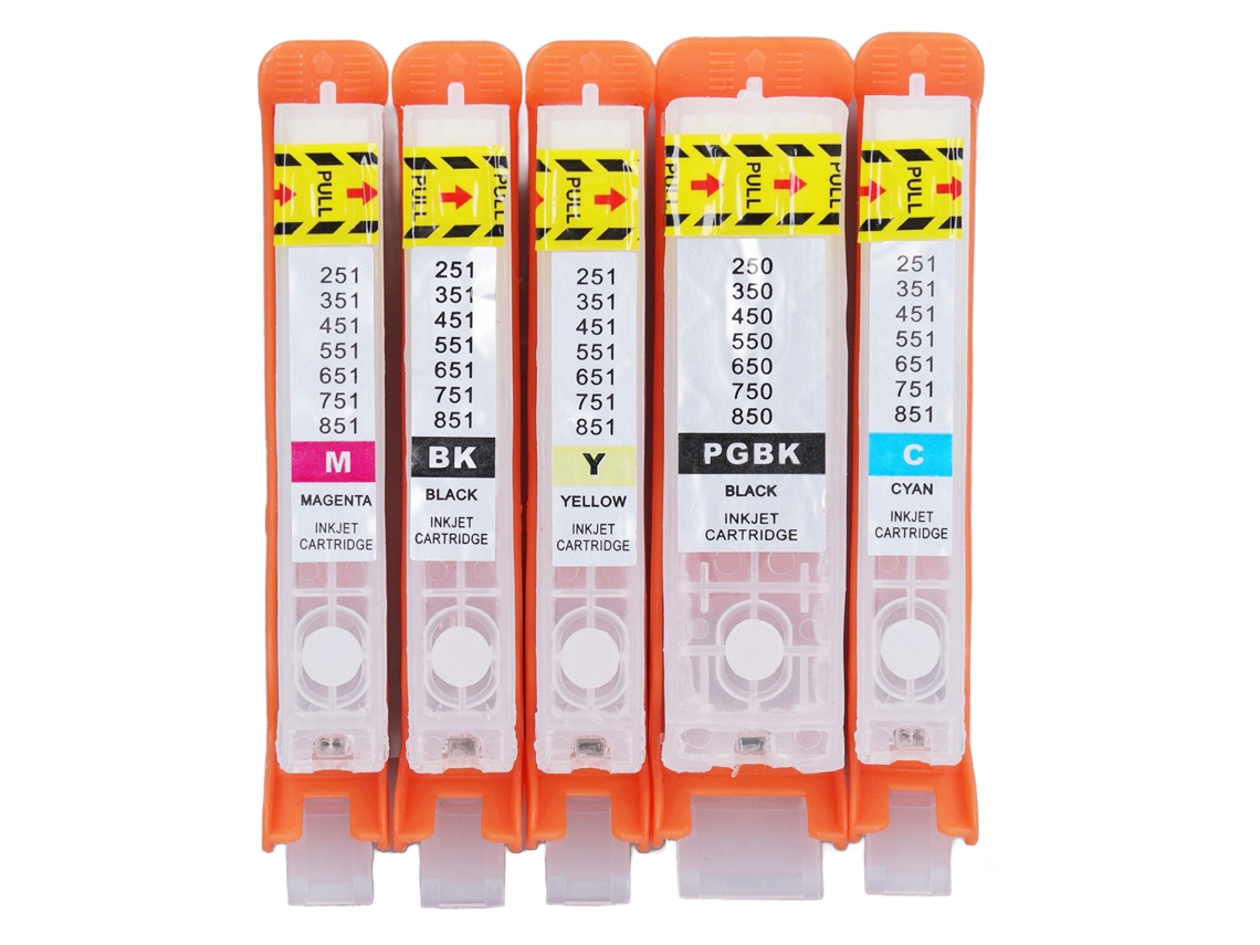 Conjunto de 5 cartuchos de tinta reutilizáveis PGBK, BK e CMY para impressoras 550 e 551 da marca S.