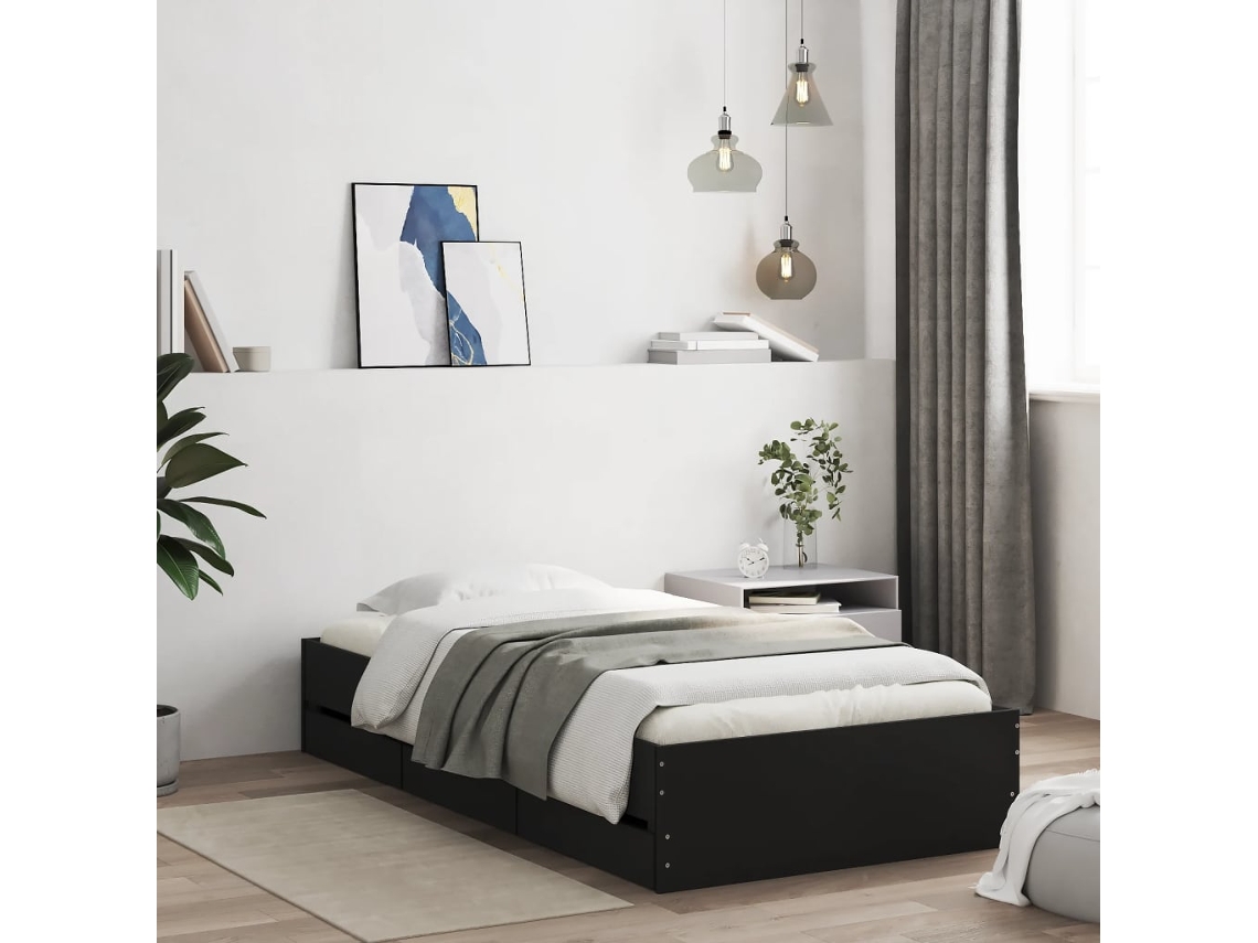 Vidaxl Estrutura De Cama C/ Gavetas 90x200 Cm Derivados Madeira Preto