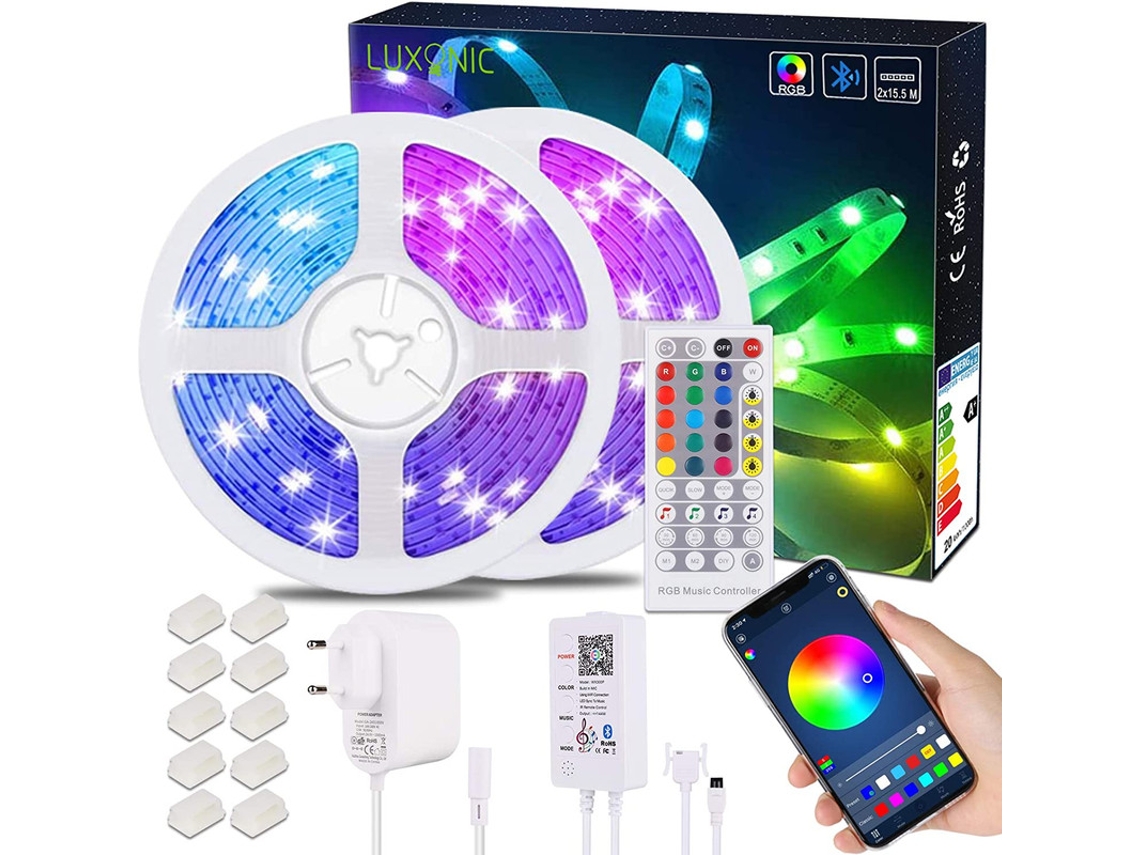 Lurelia Fita Led Rgb 31 M/101,68 Pés, 540 Luzes, 40 Teclas, 12 V, Bluetooth, App, Comando Remoto, Sincronização Musical, Resistente À Água, Classe A