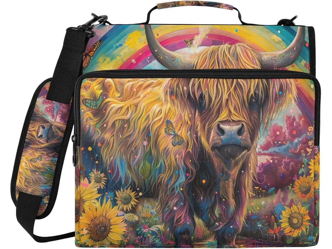 Pasta Organizadora Com Estampa De Vaca E Arco Íris, Fecho Com 3-argolas E Compartimento Laptop, Resistente À Água