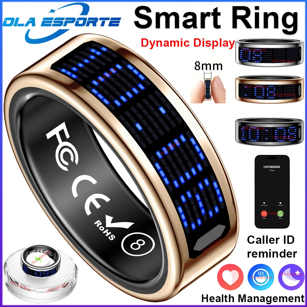 Anel Inteligente MDUG com Visor Led, Monitoramento de Saúde, À Prova D'água (ouro Rosa, estojo, Tamanho 9)