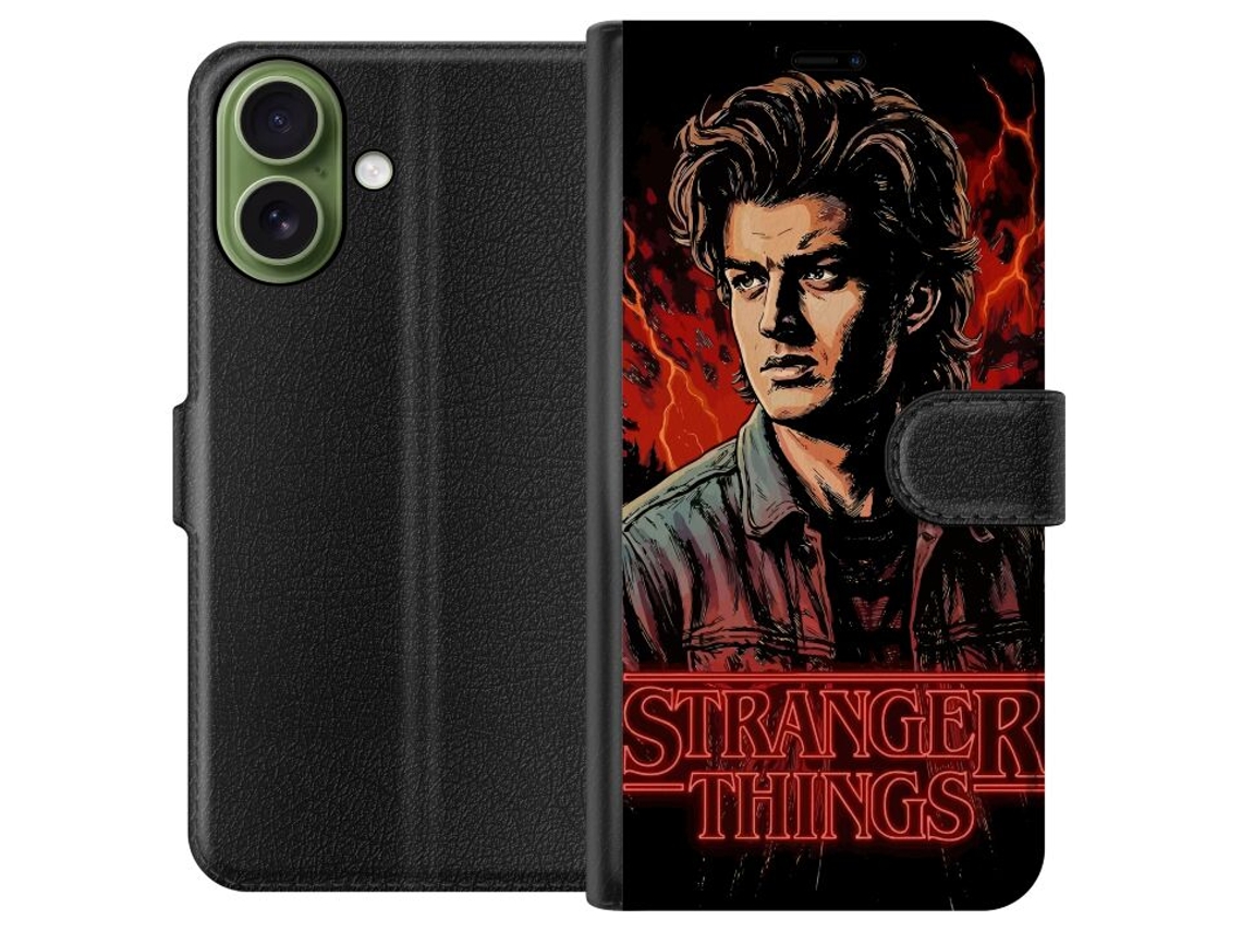 Capa Carteira Compatível Com Apple Iphone 17 Com Retrato De Steve Harrington E Fundo De Relâmpagos Vermelhos Da Série Stranger Things.