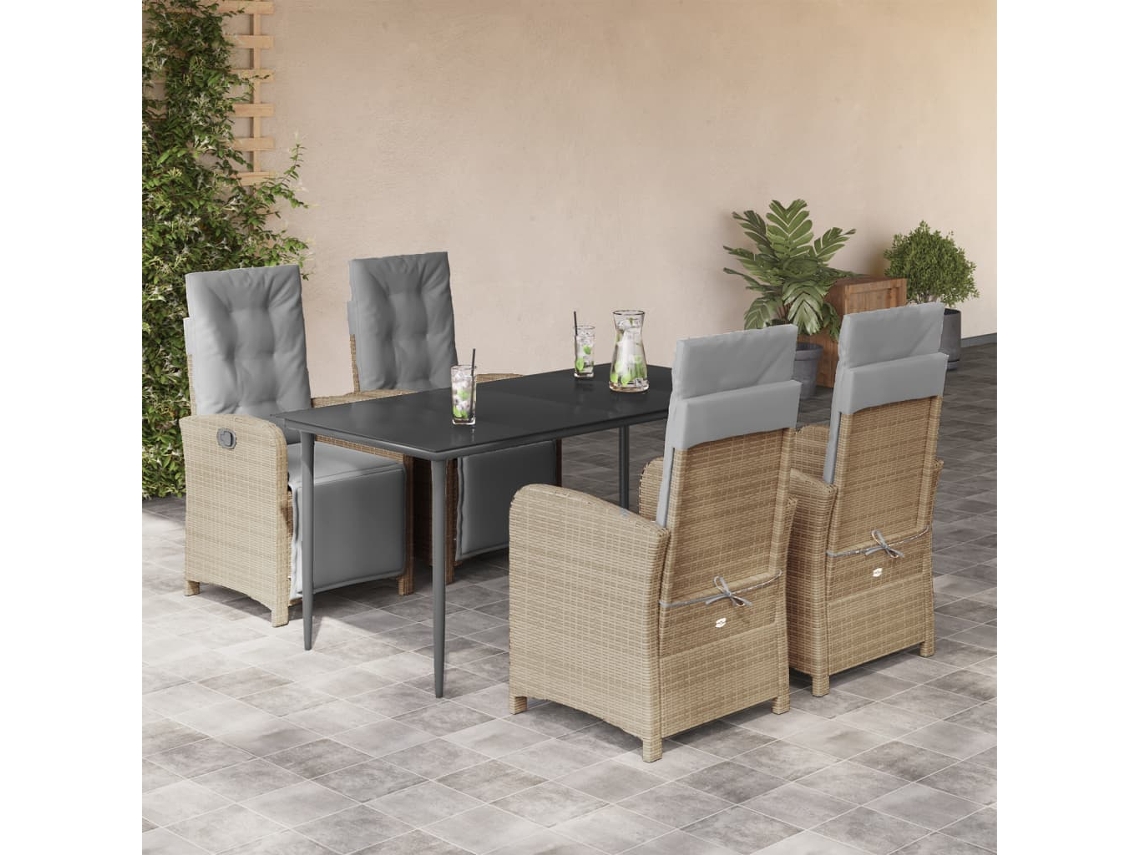 Vidaxl 5 Pcs Conjunto De Jantar P/ Jardim Com Almofadões Vime Pe Bege