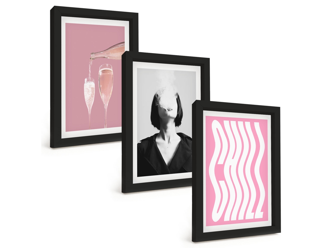 Composição De Quadros Na Parede Retrato Elegante, Champanhe, Relaxamento Moldura Preta Pinturas De Quarto Espelharte (3 Peças 20x30 Cm)