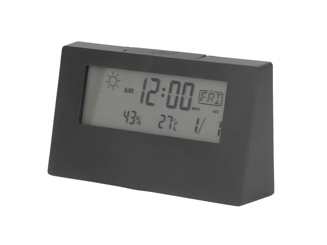 Despertador digital com função soneca, visor LCD, hora, data, temperatura e umidade, luz, preto, para mesa/cabeceira