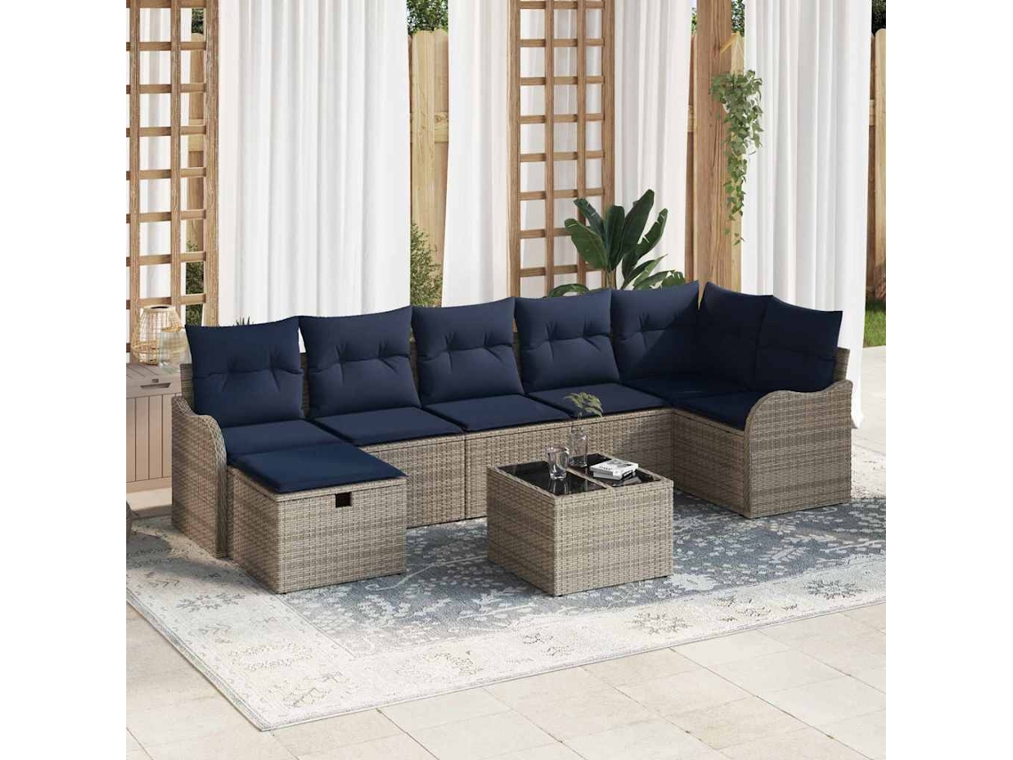 Vidaxl Conjunto De Sofás Com Almofada Cinza E Azul Marinho Vime Pe