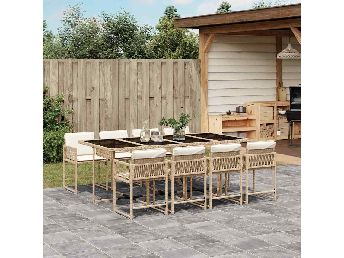 Vidaxl 9 Pcs Conjunto De Jantar P/ Jardim Com Almofadões Vime Pe Bege