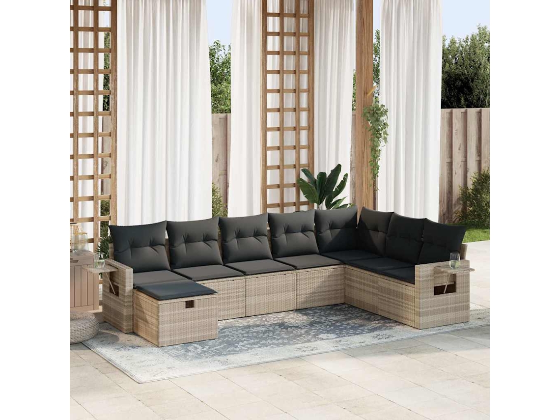 Vidaxl 8 Pcs Conj. Sofás Jardim C/ Almofadões Vime Pe Cinzento-claro
