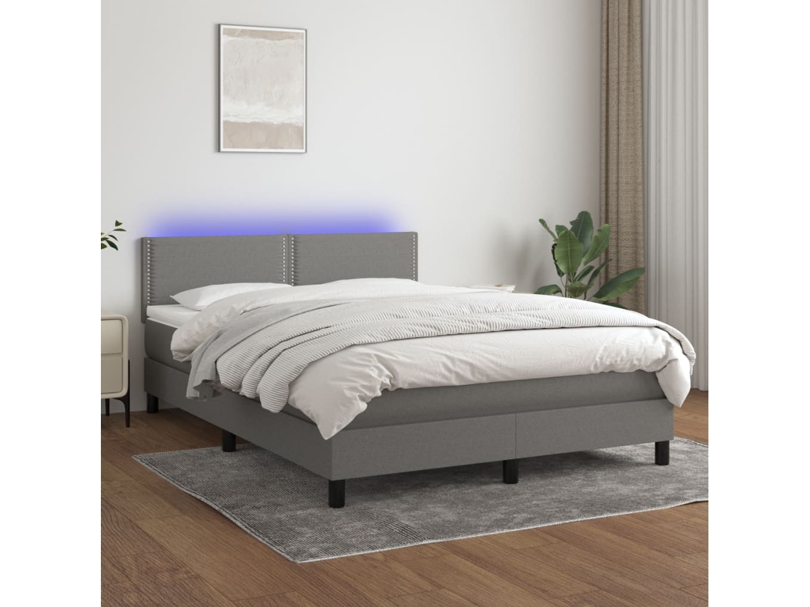 Vidaxl Cama Box Spring C/ Colchão E Led 140x190 Cm Tecido Cinza-escuro