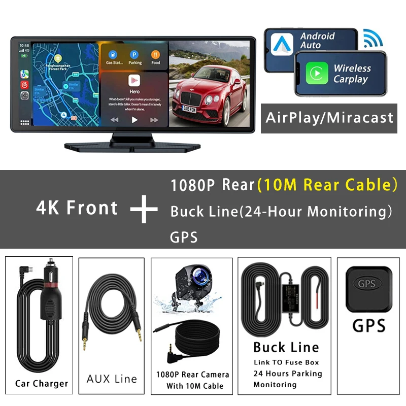 (dvr-10m-bl-gps 64g) Câmera Veicular 4k, 10,26 Polegadas, Carplay, Gps E Lente Dupla