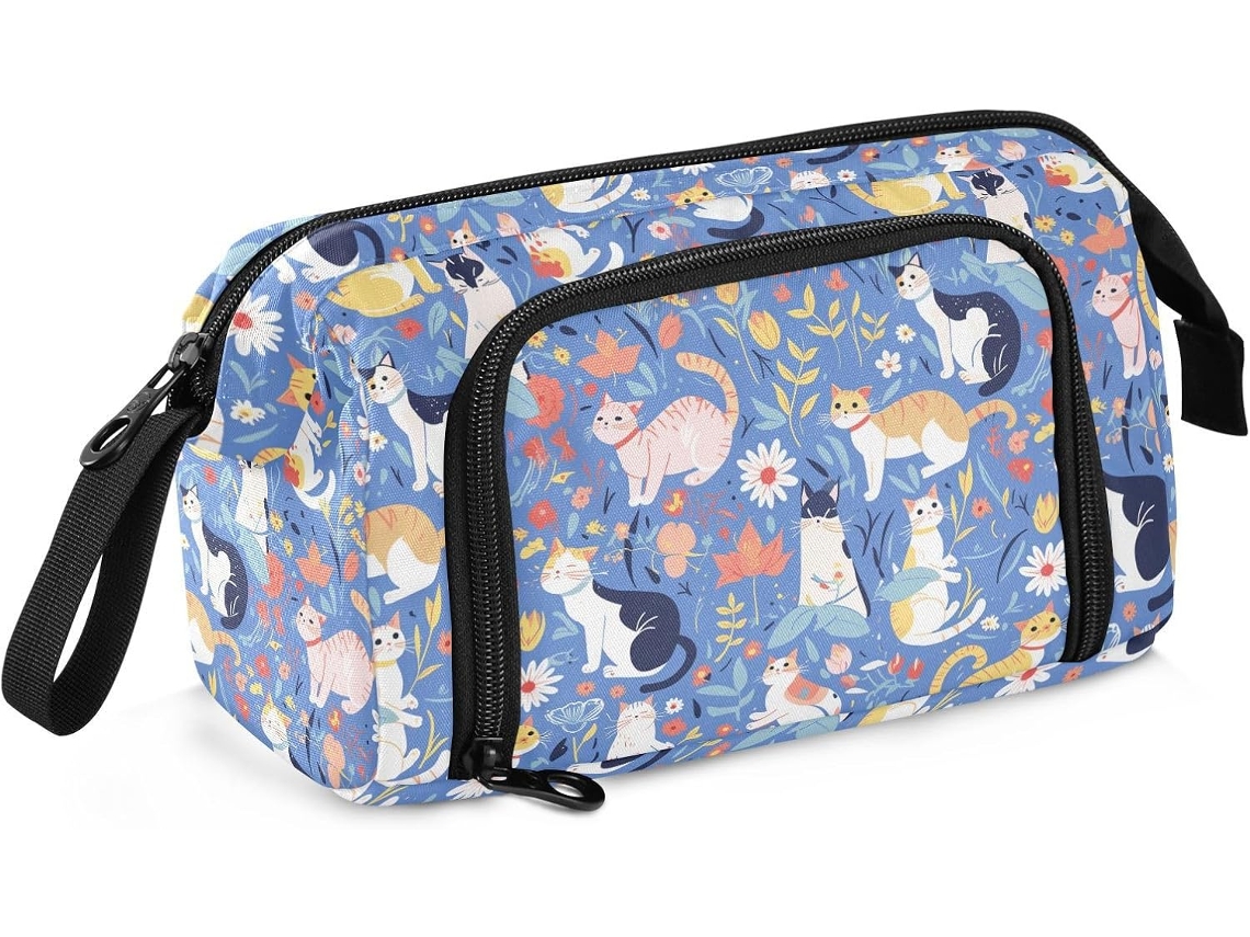 Estojo Fresh Spring de Grande Capacidade com Alça, Estampa Gatos Coloridos 24 X 9,5 15 Cm Resistente Durável