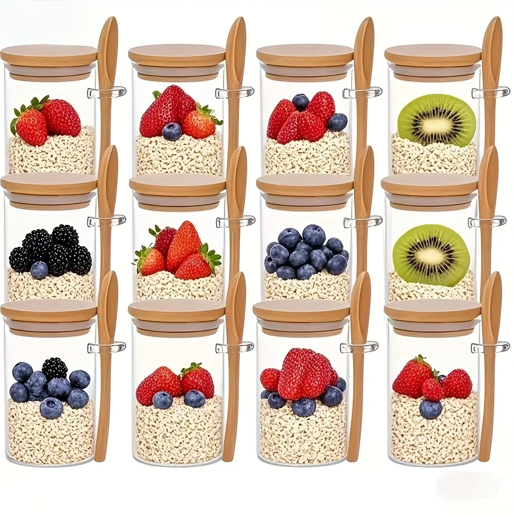 (280 Ml – 12 Frascos) Potes Com Tampa Para Aveia Adormecida (overnight Oats) – Também Adequados Para Sementes De Chia, Pudim E Iogurte