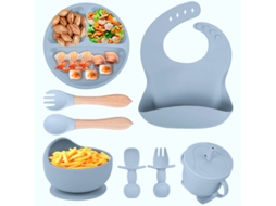 Conjunto de Alimentação para Bebê em Silicone, 8 Peças, Incluindo Ventosa, Tigela, Babador, Colher, Garfo e Copo com Canudo Azul PANOONA