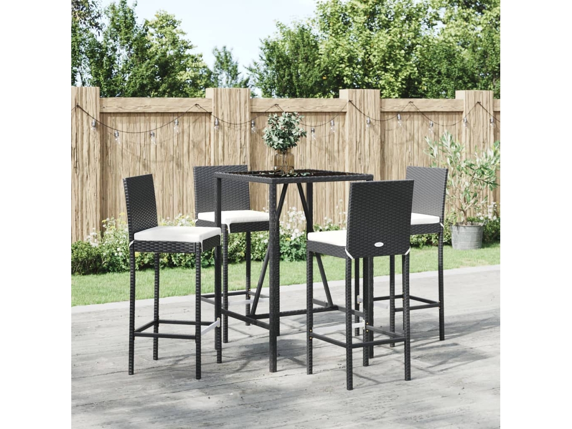 Vidaxl 5 Pcs Conjunto De Bar P/ Jardim C/ Almofadões Vime Pe Preto