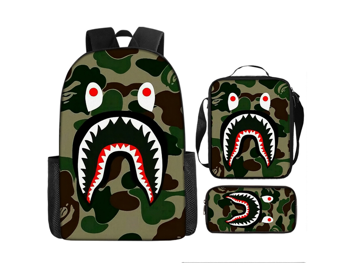 Mochila De Estudante Panoona Tubarão Camuflado Conjunto 3 Peças 17 Pol Crianças Adolescentes Estilo 10