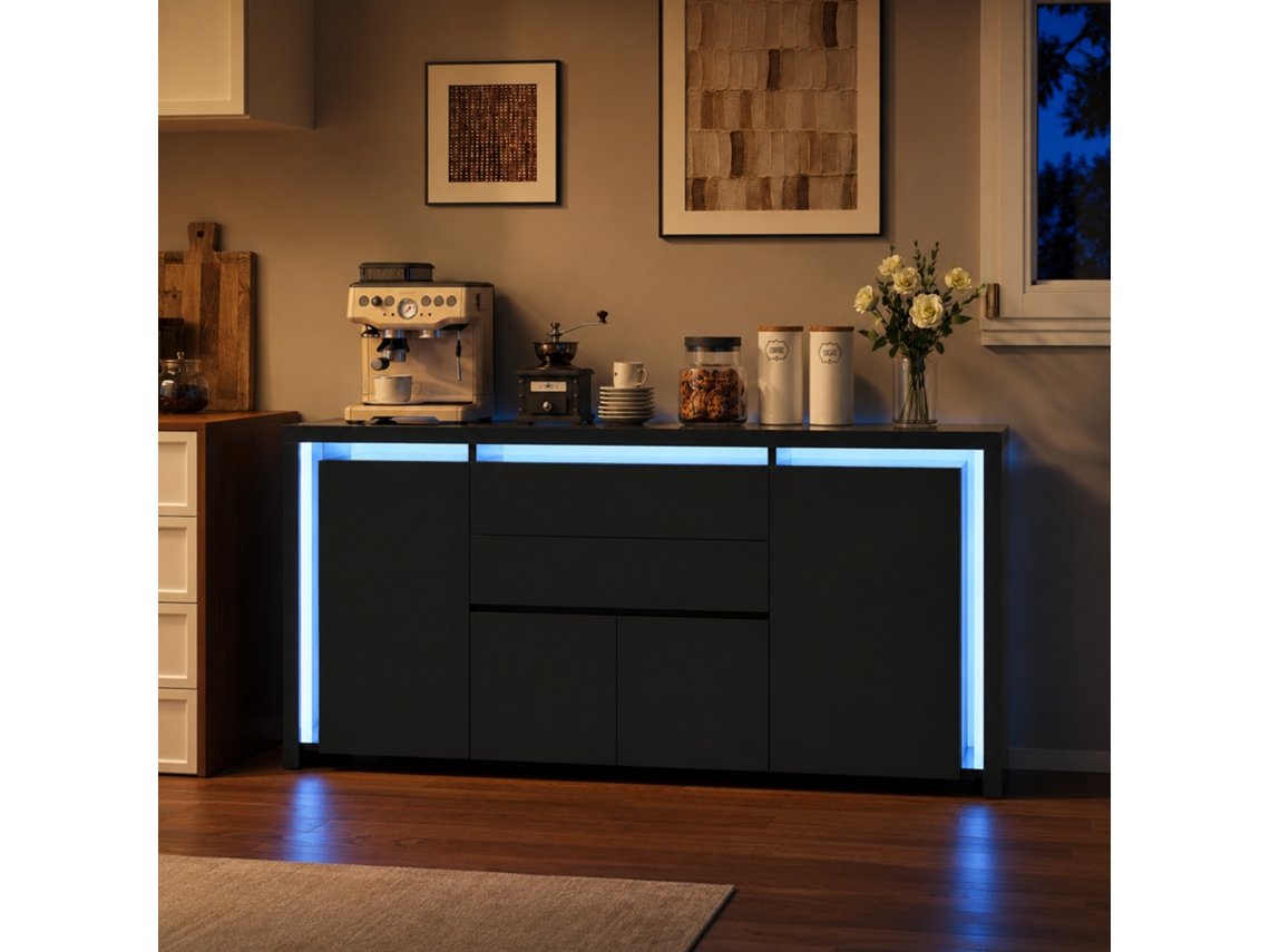 Buffet De Arrumação Com Iluminação Led, 4 Portas E 2 Gavetas, Acabamento Brilhante Sem Puxadores, Buffet Moderno, 160x35x75 cm, Preto