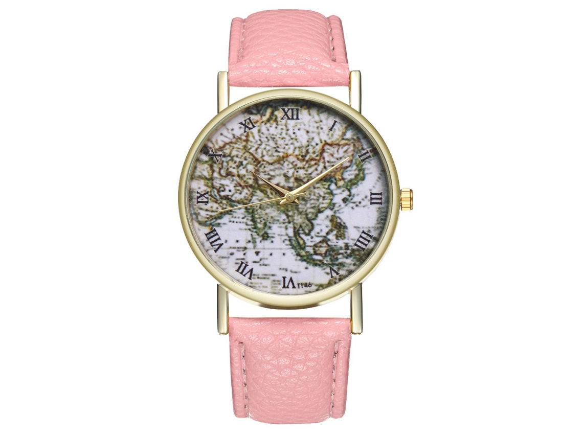 Relógio de quartzo para casal com pulseira de PU e numerais romanos rosa.