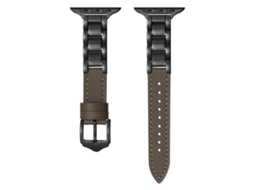 Pulseira de cerâmica e couro com Fivela Pino para Apple Watch 42 44 45 49mm S10 46mm, marrom + dourado
