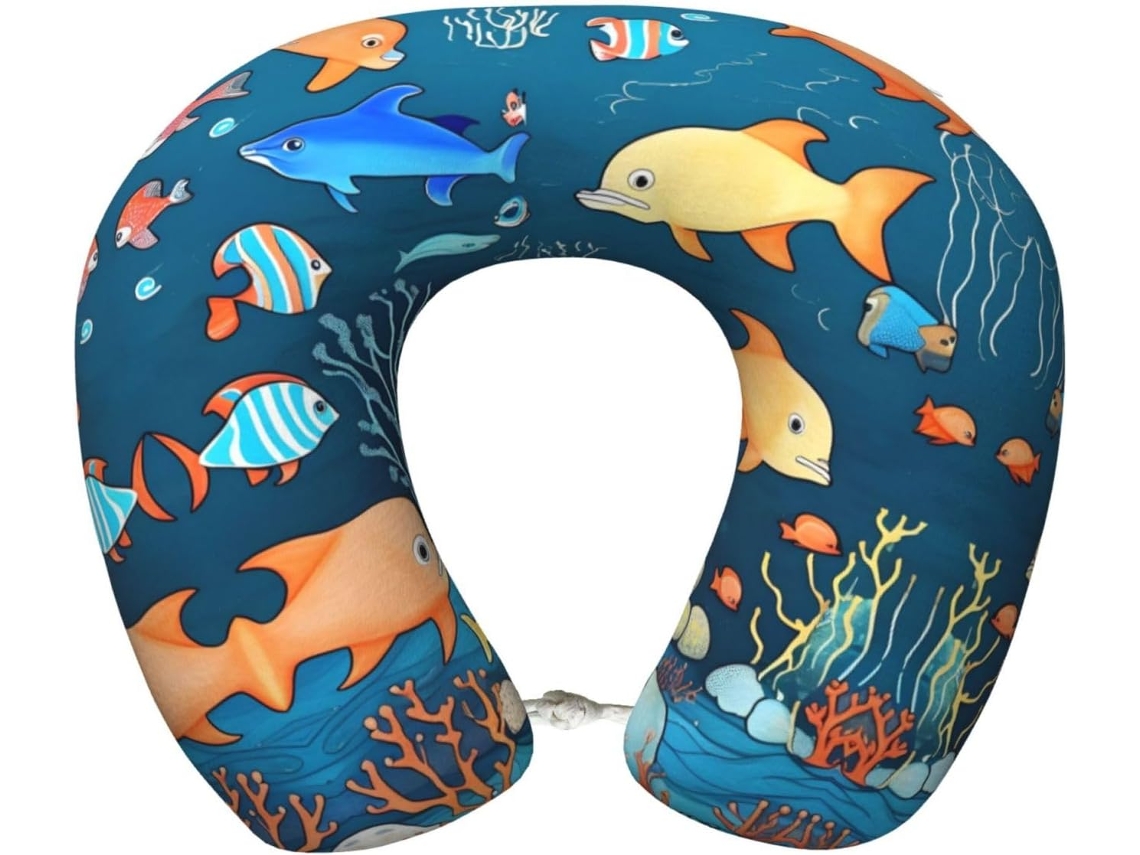 Travesseiro de Viag em Espuma Viscoelástica com Estampa Peixes Azuis Suporte Confortável Formato U para o