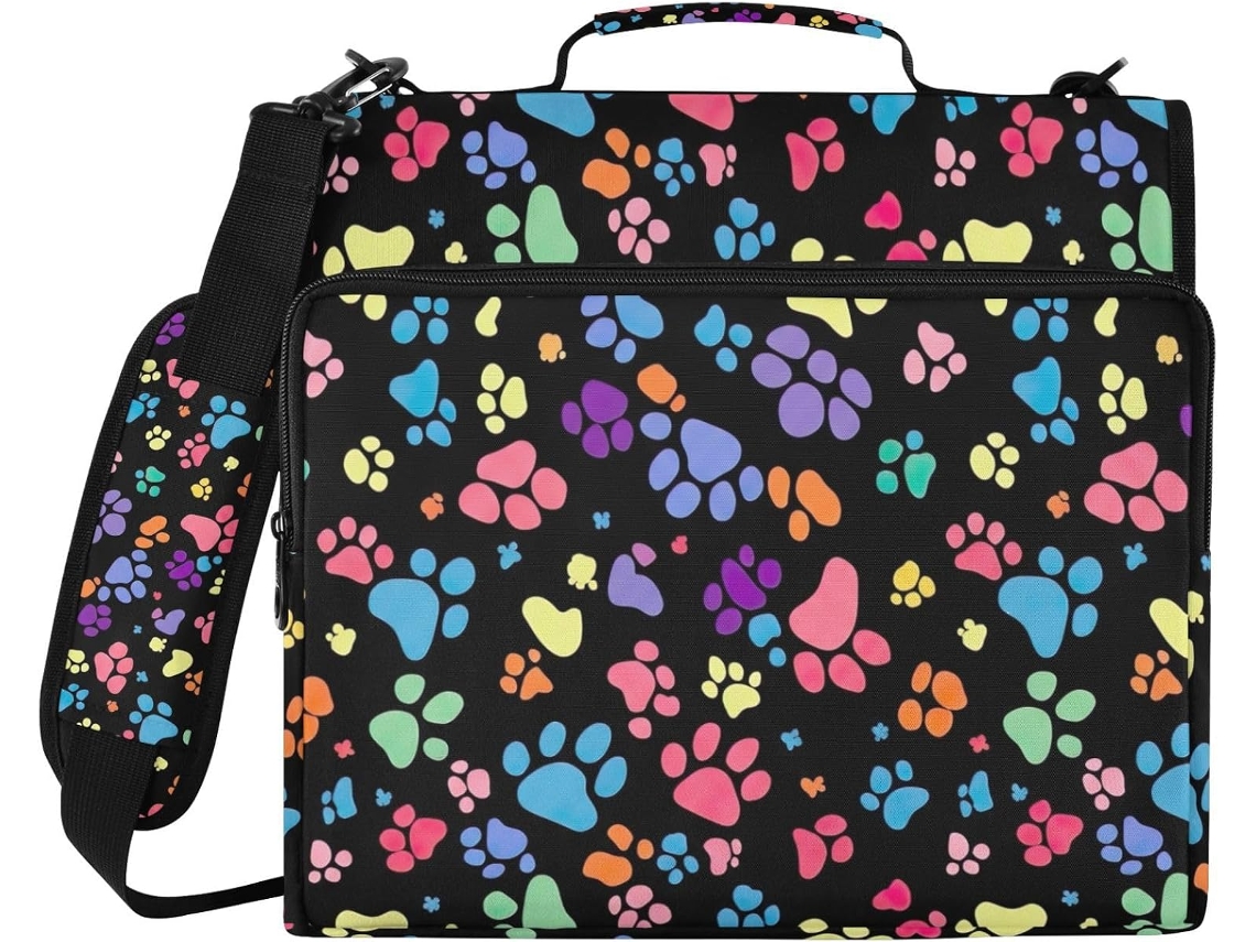 Pasta organizadora colorida com estampa de pata, fechamento em zíper, 3 argolas e compartimento para laptop.