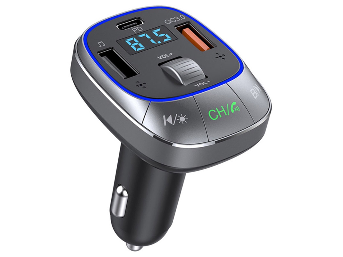 Transmissor Fm para Carro Luz Colorida Usb C Pd 30W 2 Usb Qc3.0 18W Carregamento Rápido Carregador de Carro Car Kit Modulador de Fm Preto ENZONS