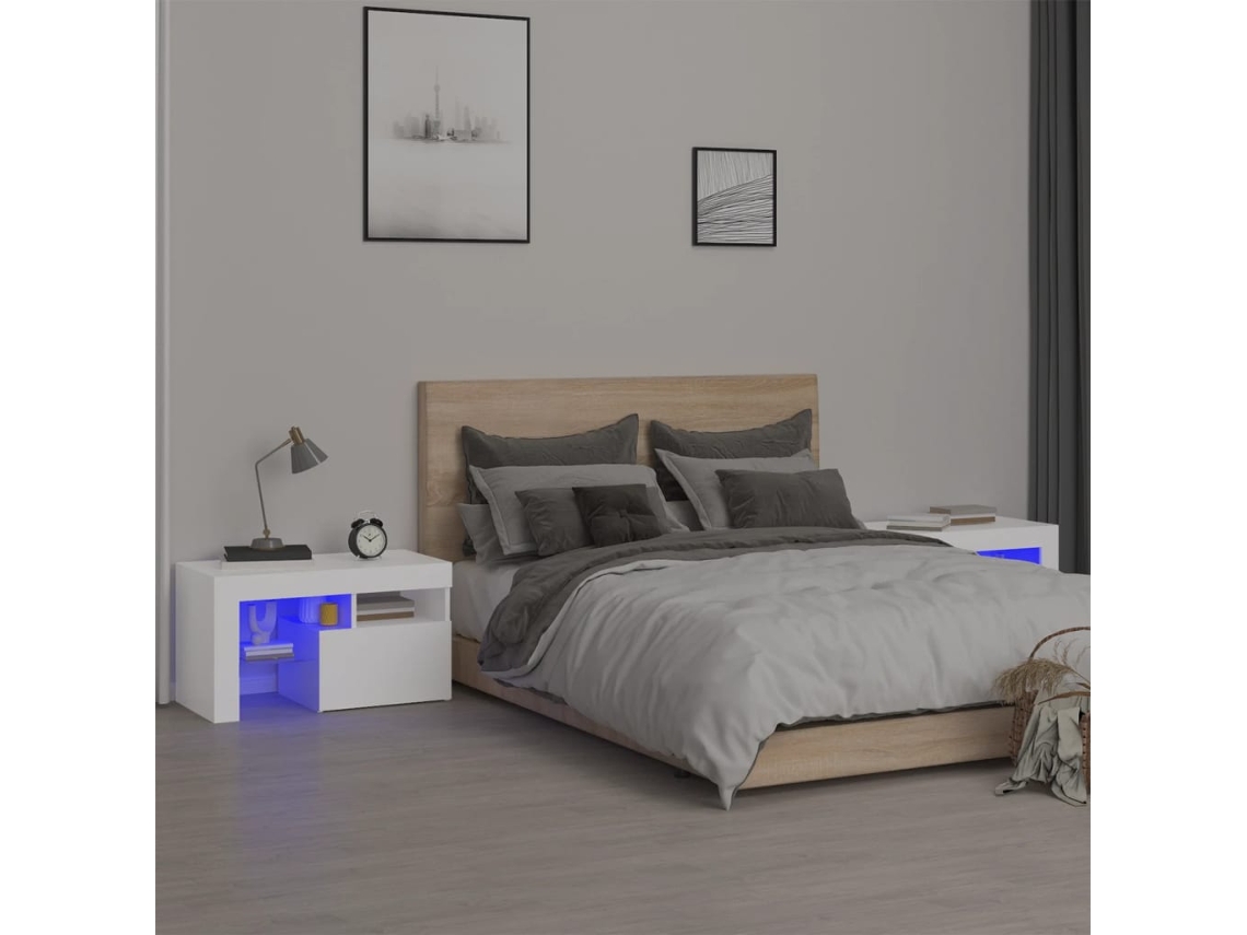 Vidaxl Mesas Cabeceira C/ Leds 2 Pcs 70x36,5x40 Cm Branco