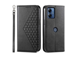 Capa De Celular Motorola Moto G24 Em Couro De Bezerro Com Textura De Grade Cúbica E Sistema Magnético.