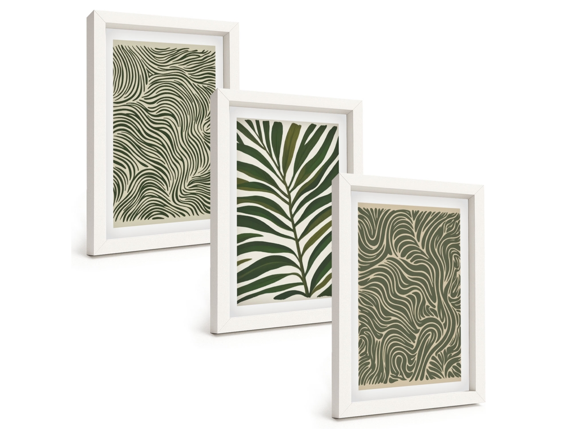 Composição De Quadros Na Parede Padrões De Folhas Em Formas Onduladas Moldura Branca Imagens Para Um Quarto Infantil Espelharte (3 Peças 20x30 Cm)