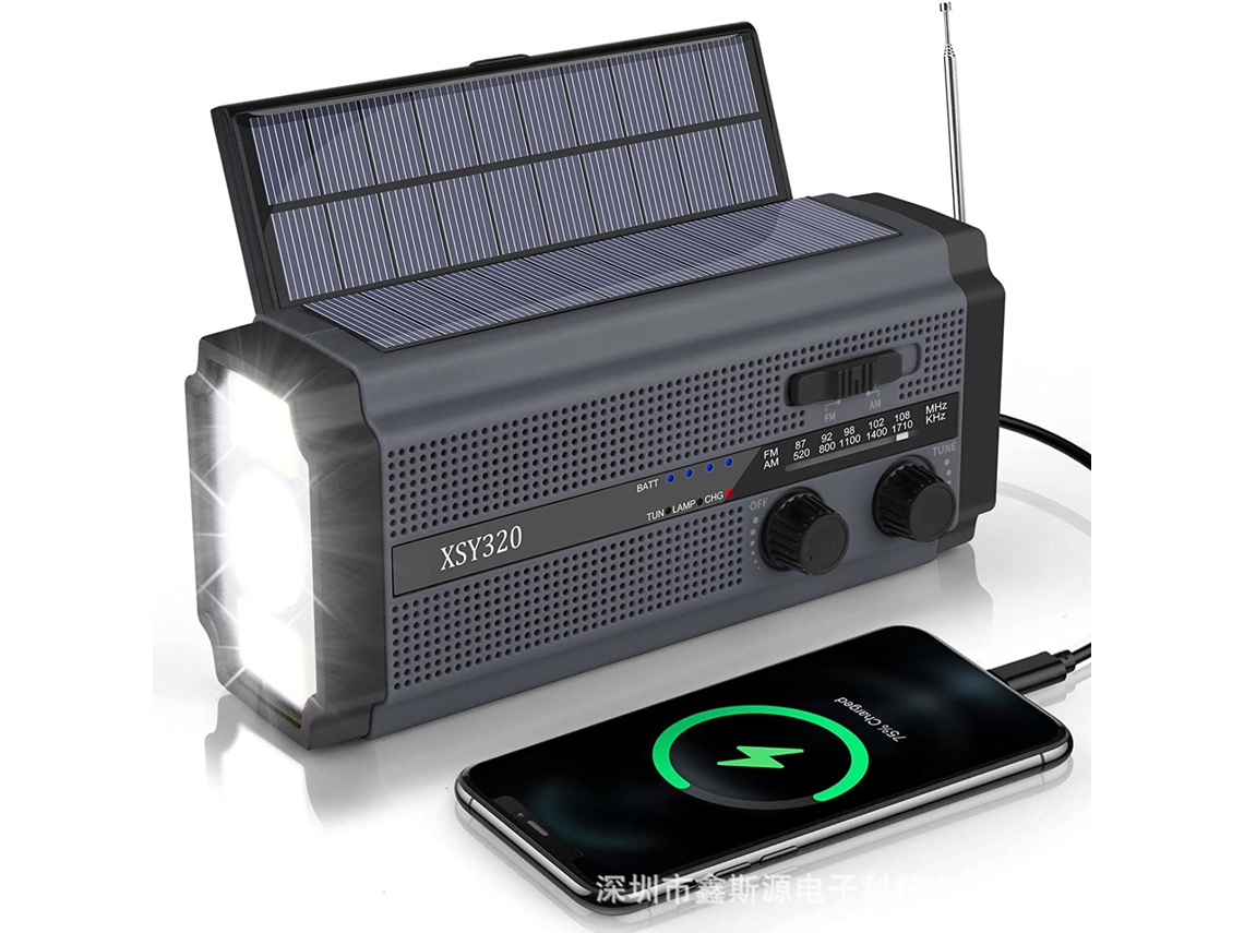 Rádio Solar Portátil com Manivela, Lanterna Led para Uso Externo, Am/fm, Bateria de 5000mah, Cinza AQUAFORGE