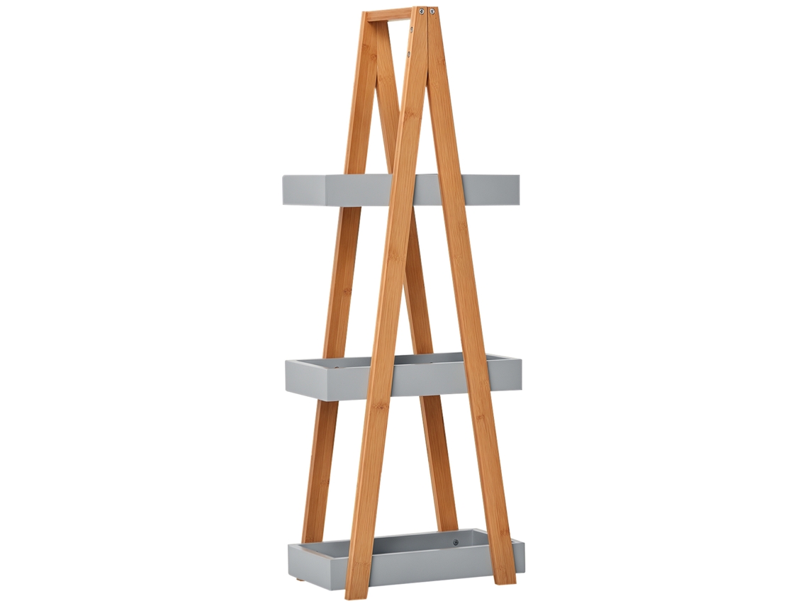 Prateleira De Banheiro Em Bambu Com 3 De Madeira Em Formato De A, 30x18x81 Cm, Cores Natural E Cinza.