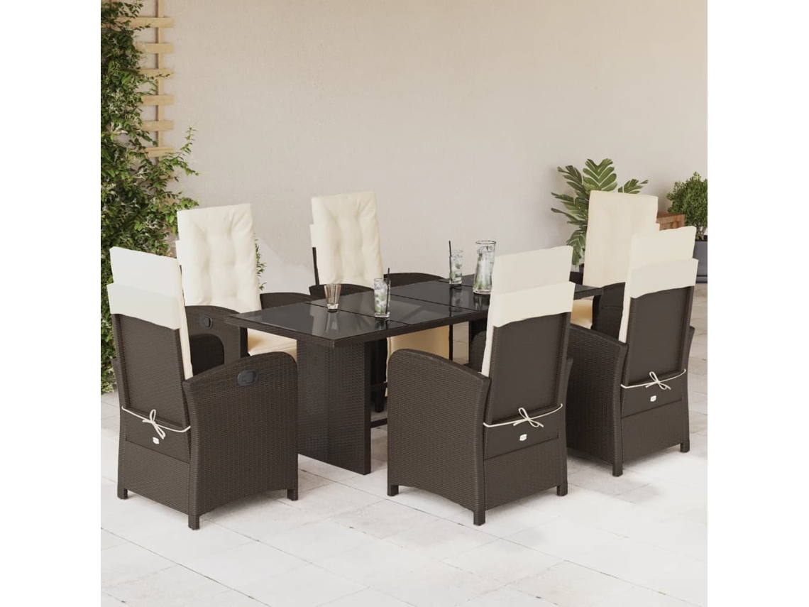Conjunto 7 Peças Jantar P/ Jardim C/ Almofadões Vime Pe Marrom Dkd Home Decor