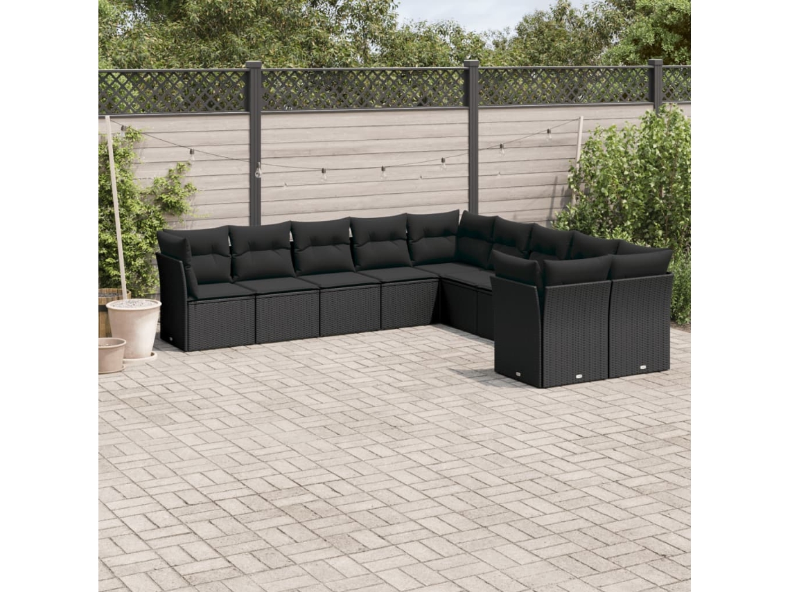 Vidaxl 10 Pcs Conjunto Sofás de Jardim C/ Almofadões Vime Pe Preto